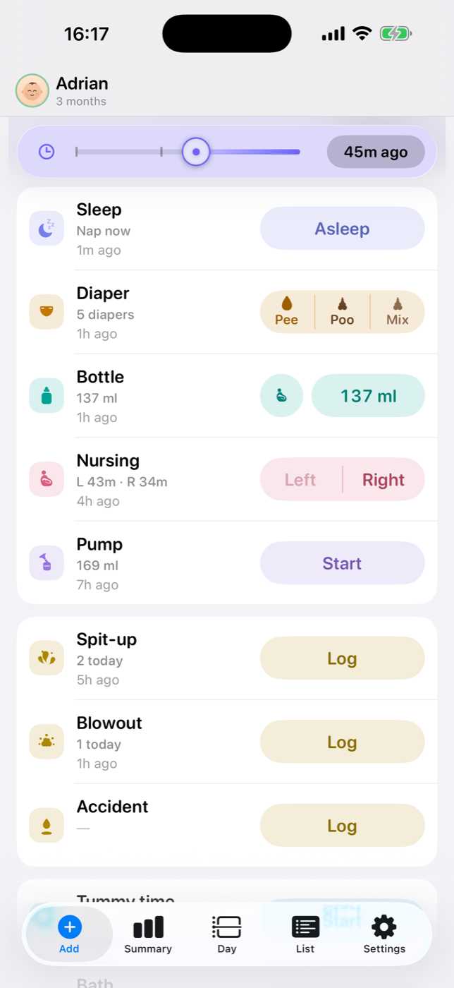 BabyMeter Add screen with the time scrubber pulled back to 45 minutes ago
