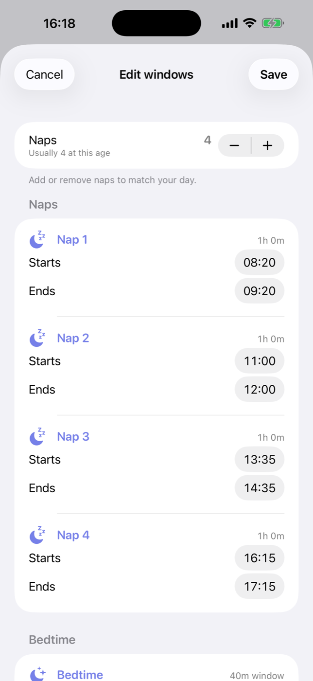 BabyMeter edit windows screen — start and end times for four naps and bedtime