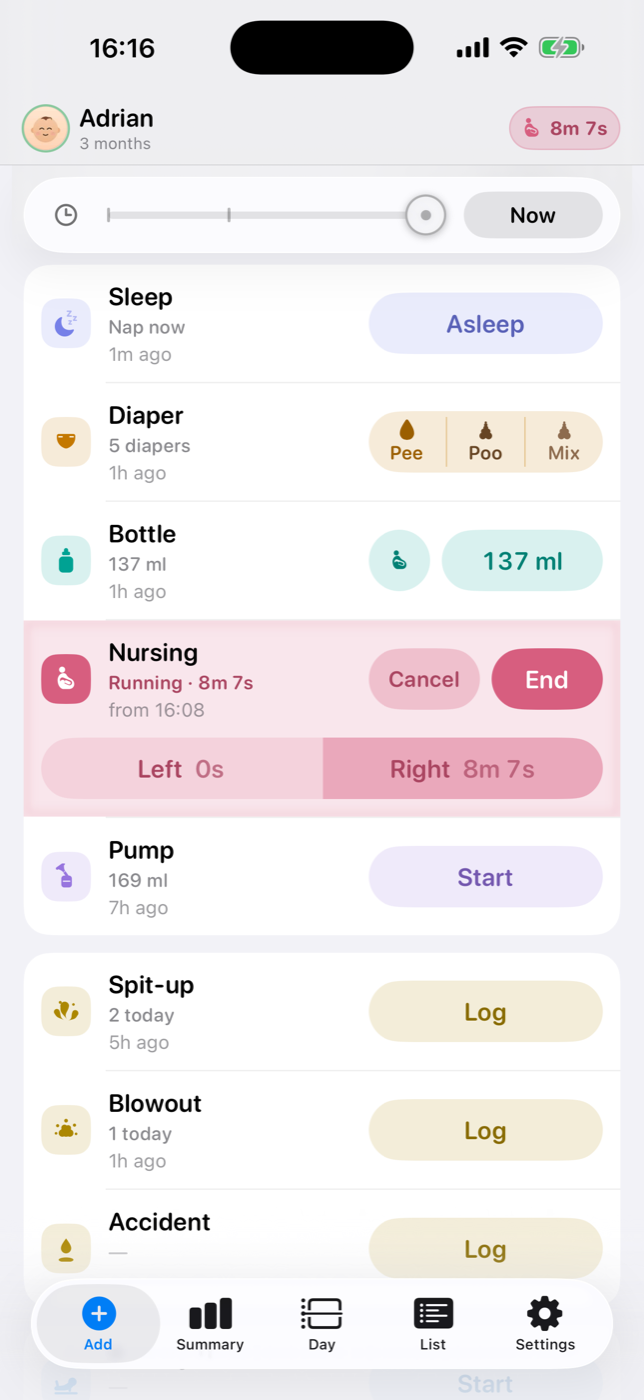 BabyMeter on iPhone — the Add screen with a running nursing timer and one-tap logging cards