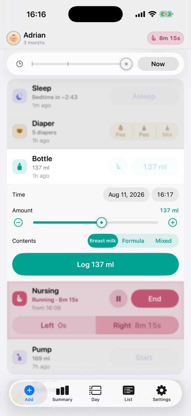 BabyMeter bottle entry expanded — amount, time and contents on one card
