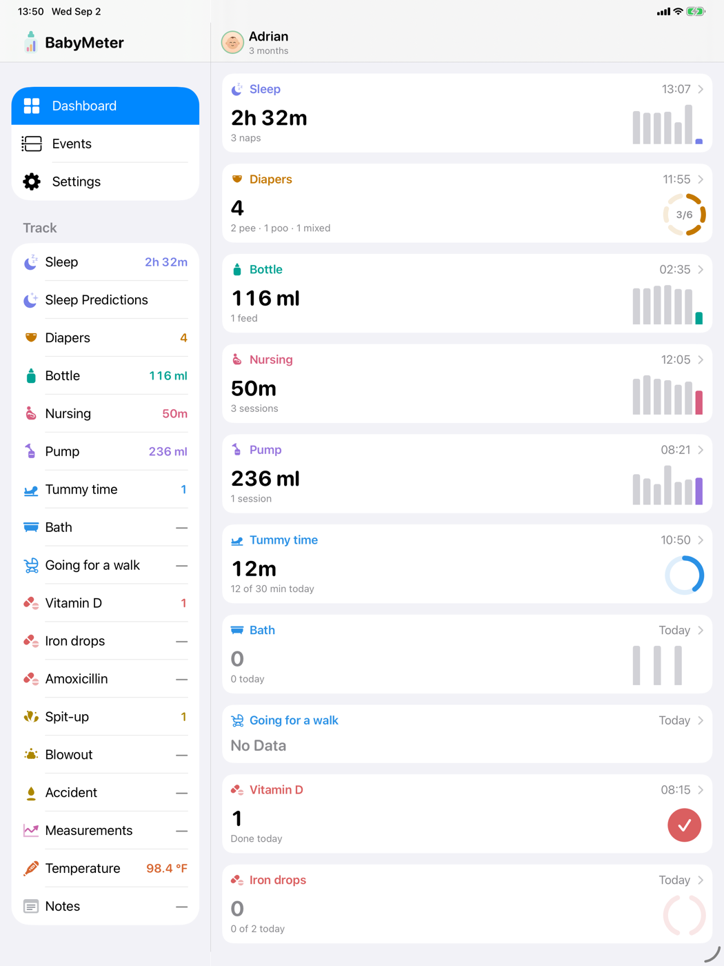 BabyMeter on iPad — a permanent sidebar beside a dashboard of today's sleep, diaper, bottle, nursing, pumping and activity totals