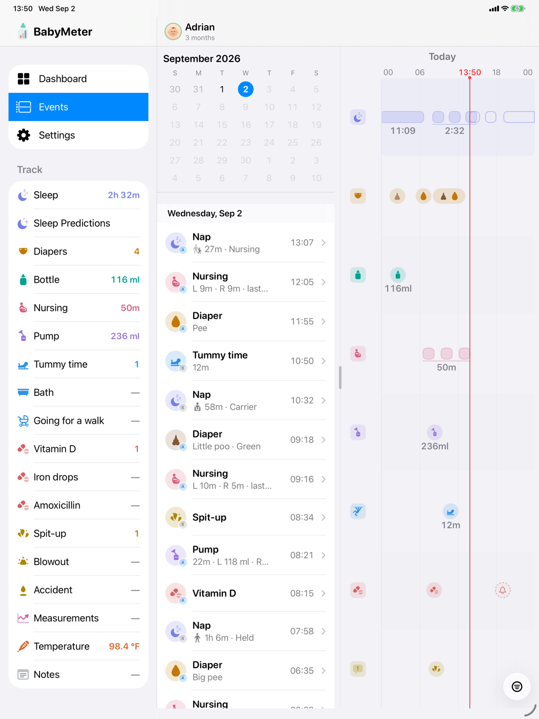 BabyMeter on iPad — calendar, chronological event list and day timeline shown side by side