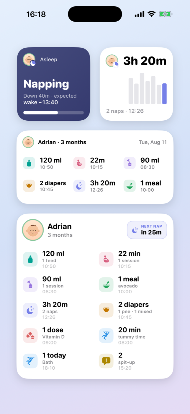 BabyMeter Home Screen widgets — a next-sleep tile, a day summary, and the full day board