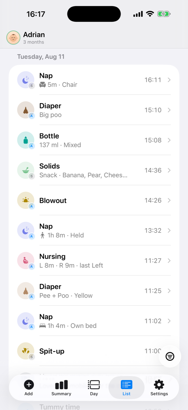 BabyMeter history list of feeds, sleep and diapers with caregiver avatars on each entry