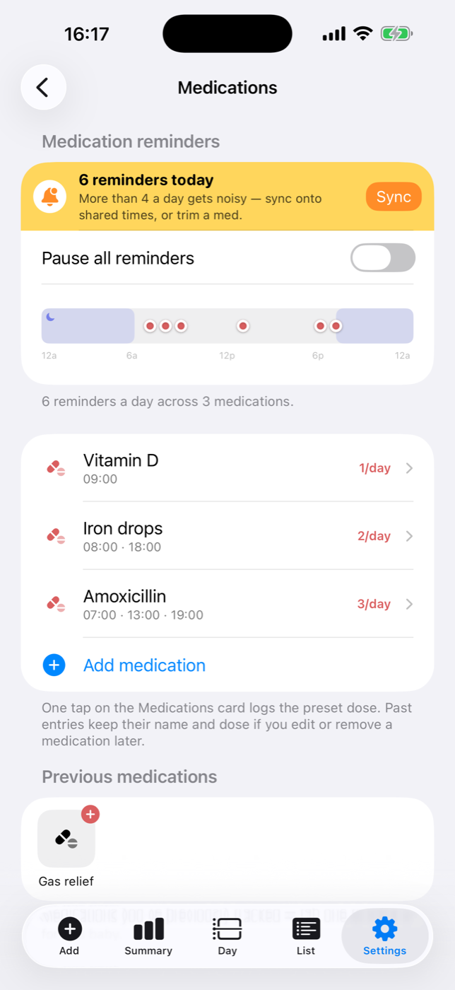 BabyMeter medications — the day's reminder timeline and individual medication schedules