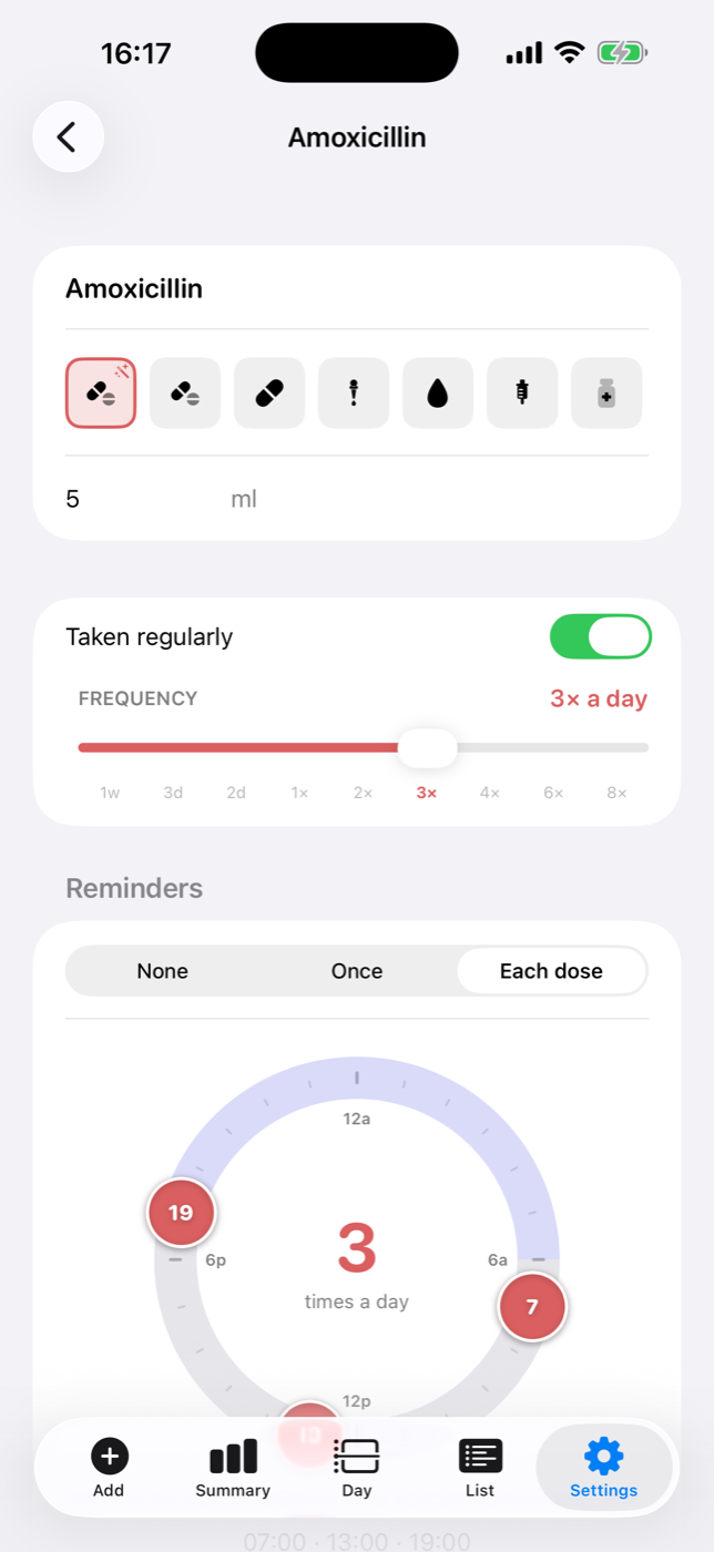 BabyMeter medication editor — a reminder clock for three daily doses
