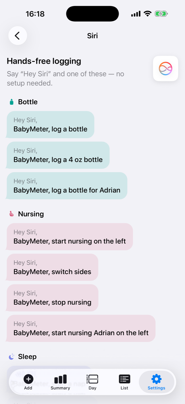 BabyMeter Siri page listing spoken phrases for bottle, nursing and sleep