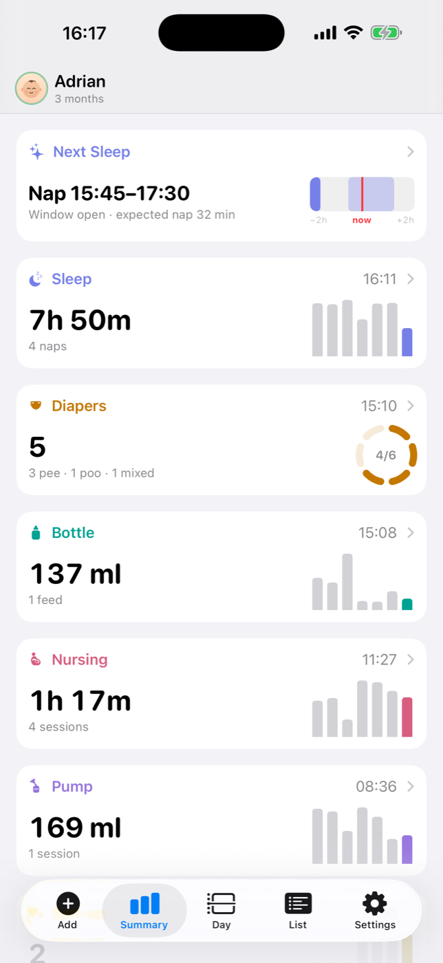 BabyMeter on iPhone — today's totals and the past week at a glance